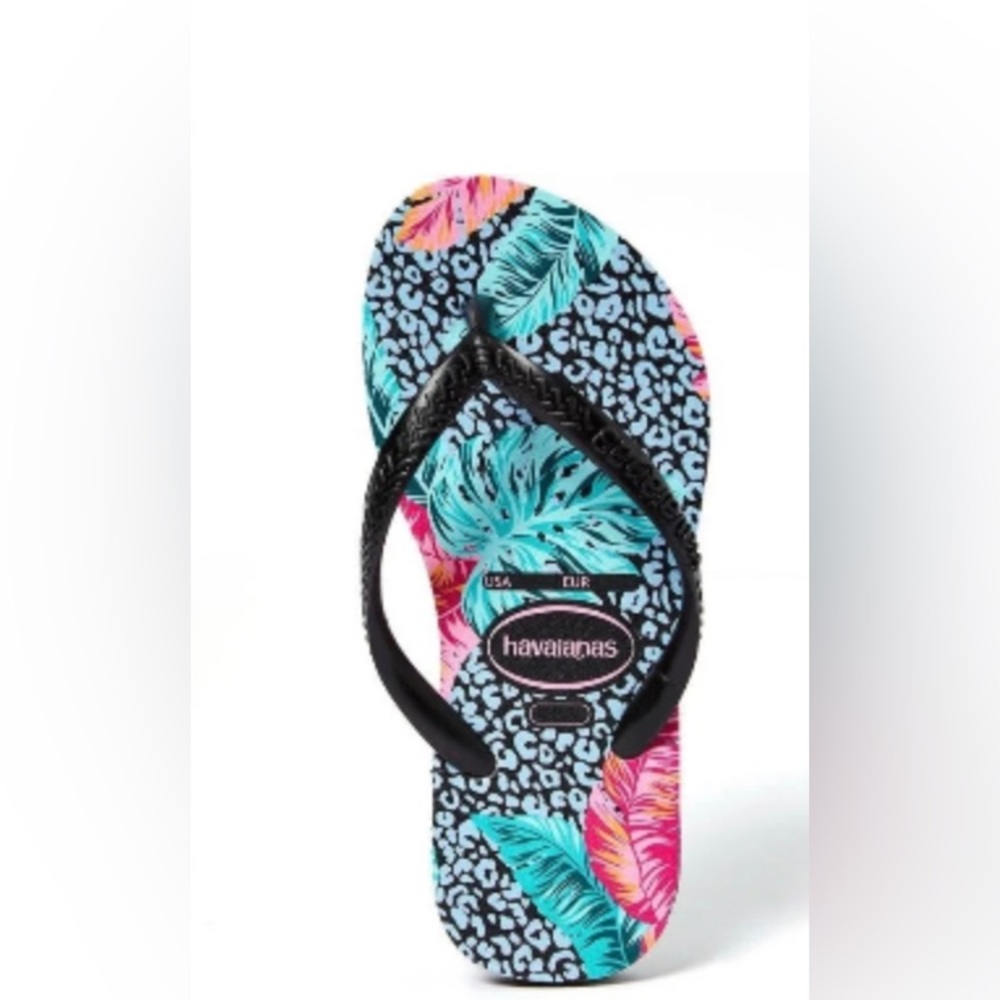 Havaianas Little Kids Black Pink Tropical Leopard Slim Flip Flops Size 9